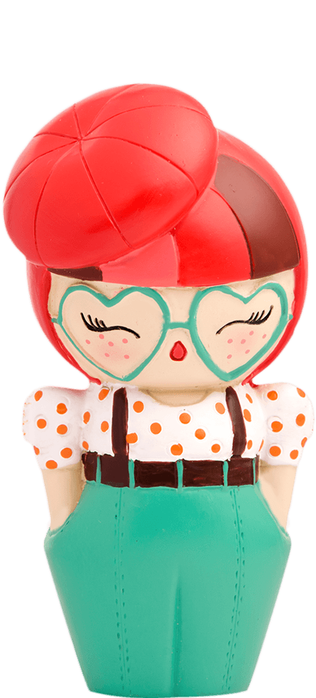 Bibi Button Momiji doll with red hair, heart glasses, polka-dot shirt, and bright green suspenders. Collectible kawaii character. — Momiji Doll