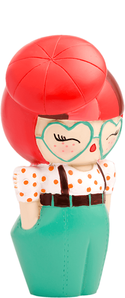 Bibi Button Momiji doll with red hair, heart glasses, polka-dot shirt, teal pants; collectible with secret message inside. — Momiji Doll