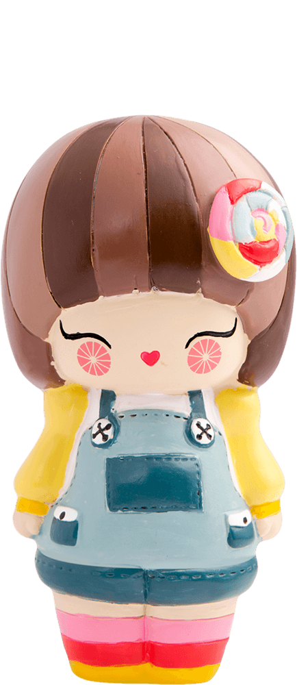 Darcie Dot Momiji doll with brown hair, colorful outfit, and a big smile, inspired by Tokyo and Seoul street style. — Momiji Doll