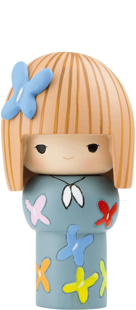 Honey Momiji doll with straight light brown hair, a blue flower hair clip, and a cute blue floral dress. — Momiji Doll