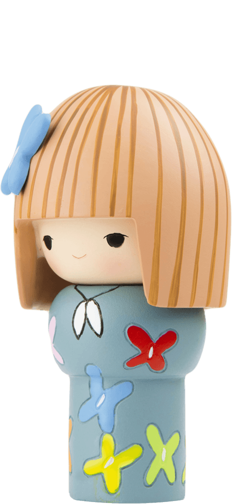 Honey Momiji doll with light brown striped hair, blue bow, butterfly outfit; collectible with secret message inside. — Momiji Doll