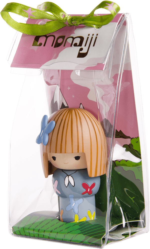 Honey Momiji doll with blonde hair and blue dress in a clear box finished with a green ribbon. — Momiji Doll