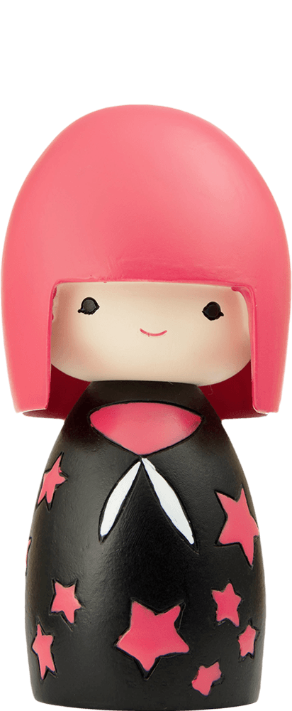 Happy Happy Birthday Momiji doll with pink hair, black dress, and pink stars. Cute collectible hiding a secret message inside. — Momiji Doll