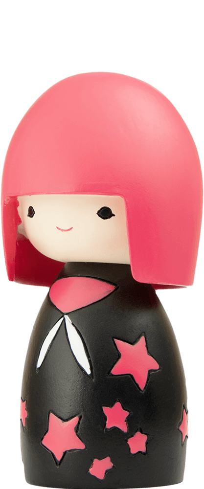 Happy Happy Birthday Momiji doll with pink hair, black outfit, and pink stars, smiling at a slight angle. — Momiji Doll