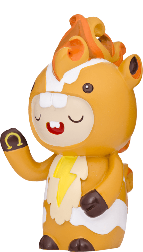 Giddy Up Momiji doll with orange fur, a fiery mane, and a lightning bolt on its chest. Cute collectible with kawaii style. — Momiji Doll
