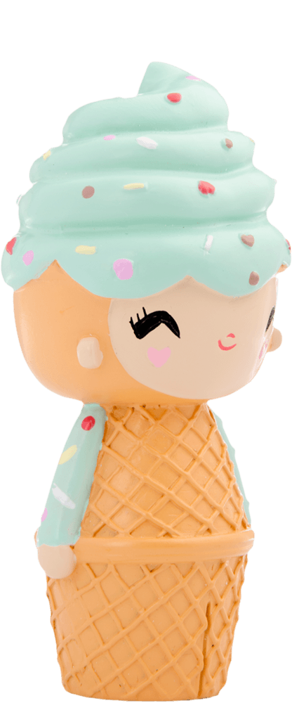 Happy Happy Happy Momiji doll shaped like an ice cream cone, mint green swirled hair, smiling face, kawaii vibes. — Momiji Doll
