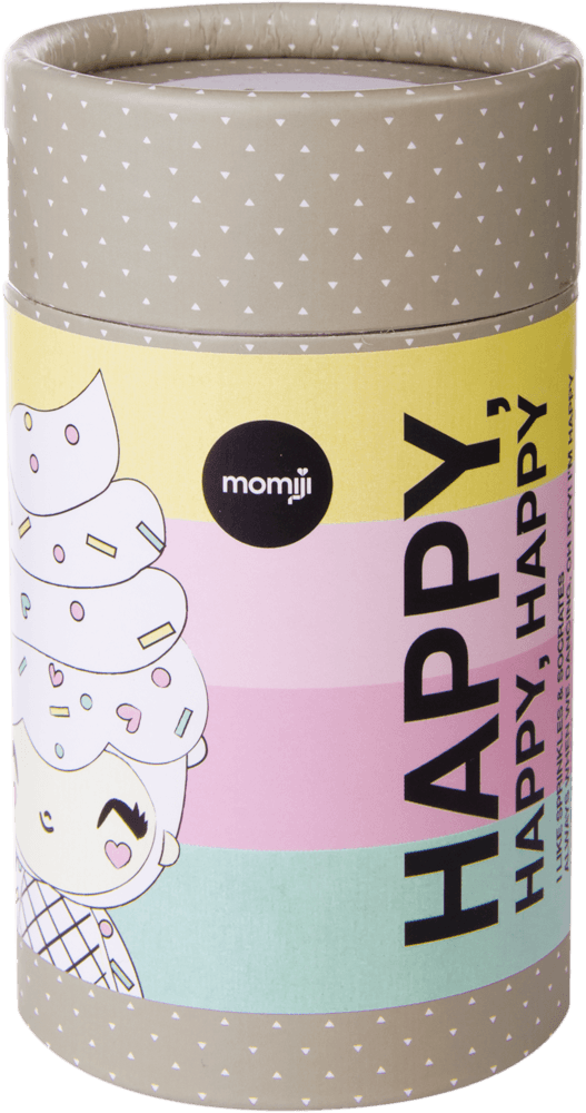 Momiji doll in a pastel-striped cylinder with cartoon ice cream and "Happy Happy Happy" in bold, playful letters. — Momiji Doll