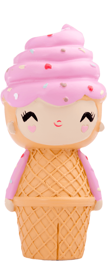 Happy Happy Happy Momiji doll with pink ice cream swirl hair, sprinkles, and a waffle cone body. Collectible kawaii character. — Momiji Doll
