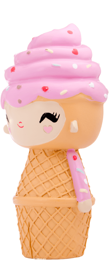 Momiji doll "Happy Happy Happy" with ice cream cone body, pink swirl hair, sprinkles, and a cheerful smiling face. — Momiji Doll