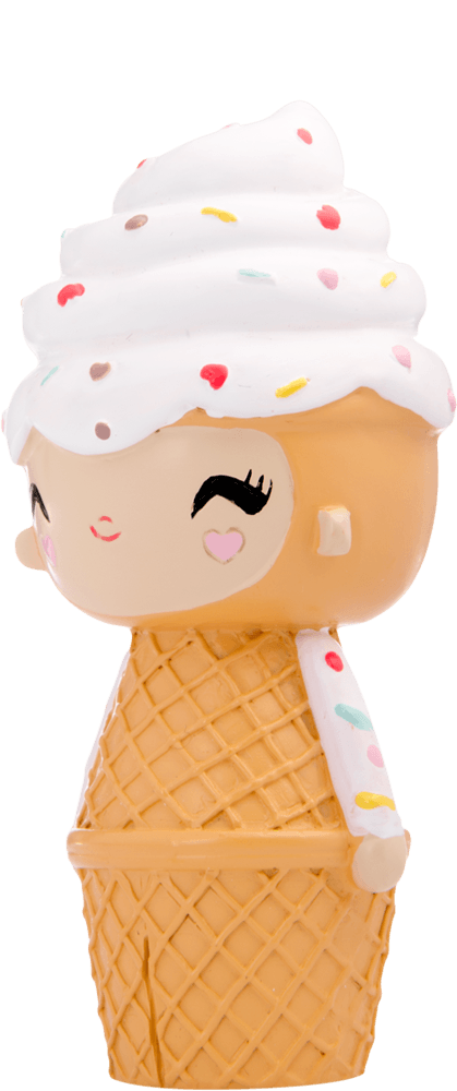 Happy Happy Happy Momiji doll with a smiling face, white swirl top, sprinkles, and a waffle cone-patterned body. — Momiji Doll