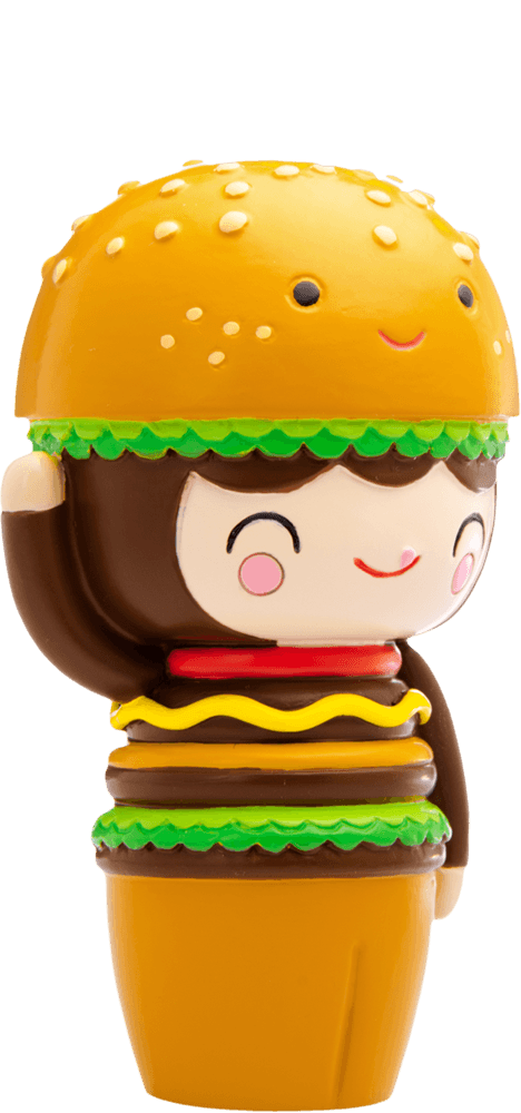 Giggles Momiji doll wears a smiling burger bun hat, waves, and is dressed in colorful burger layers. Collectible with secret message. — Momiji Doll