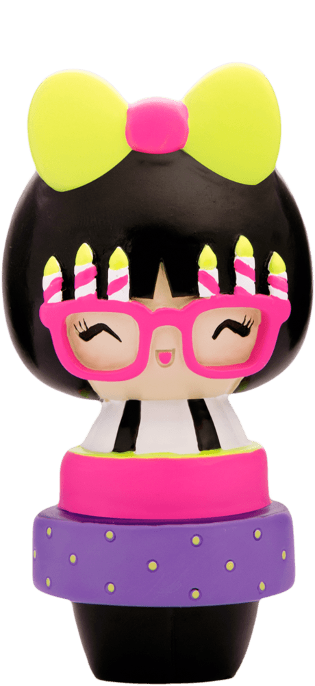 Birthday Girl Momiji doll with black hair, pink glasses, yellow bow, birthday candles, and a purple-pink dress. — Momiji Doll