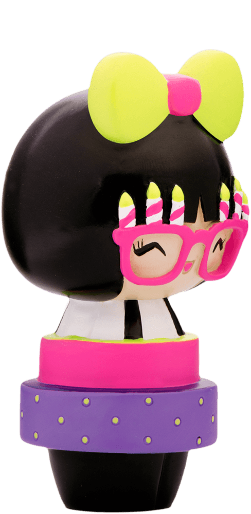 Birthday Girl Momiji doll with green bow, pink glasses topped with candles, wearing a purple and pink dress. — Momiji Doll