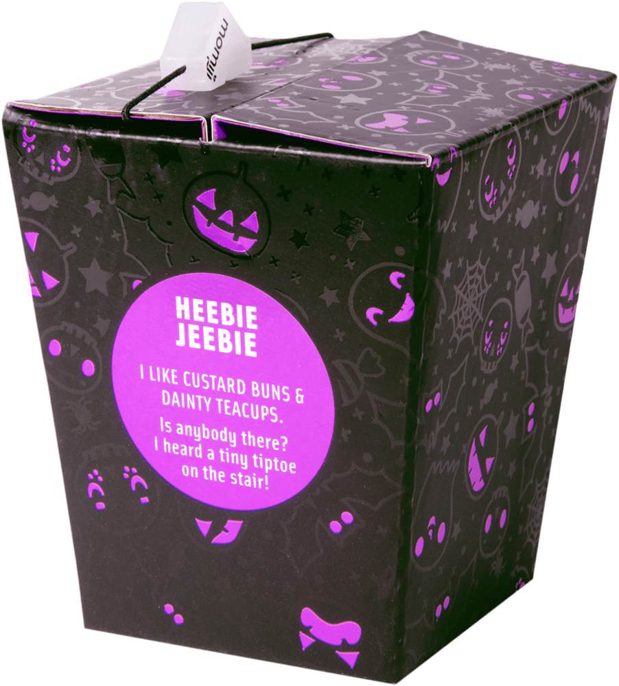 Heebie Jeebie Momiji doll: black Halloween takeout box, purple text, spooky faces, collectible kawaii poem inside. — Momiji Doll
