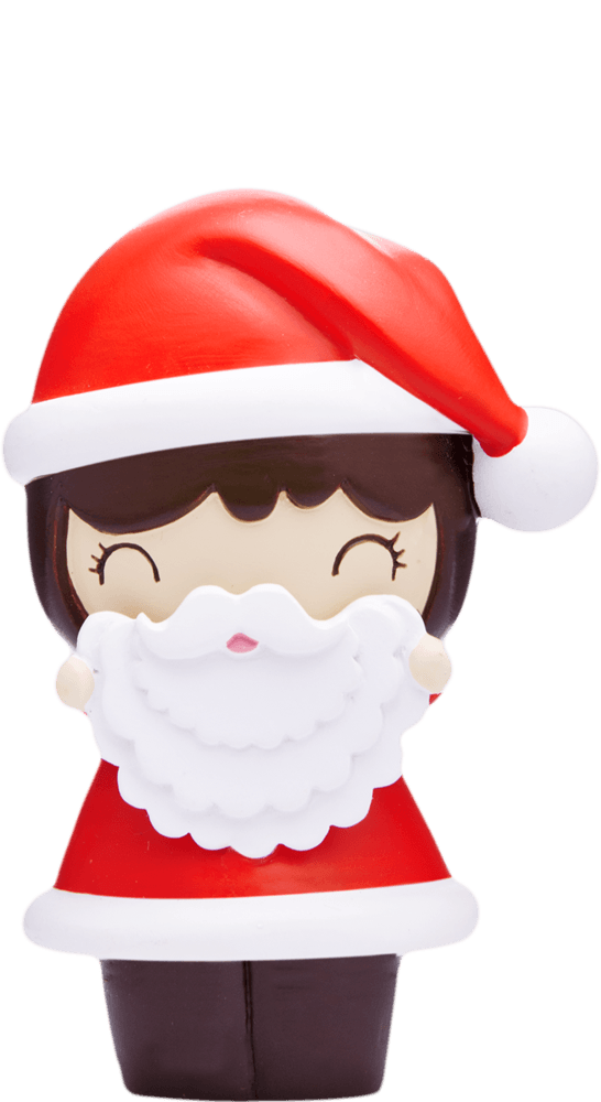Momiji doll "Secret Santa" in a red hat, smiling with eyes closed. Kawaii collectible with hidden message; perfect for gifting. — Momiji Doll
