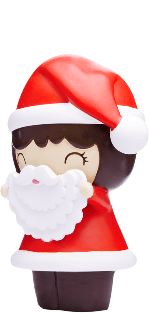 Secret Santa Momiji doll wearing a red Santa hat and suit with white beard, smiling. A kawaii collectible with secret message. — Momiji Doll