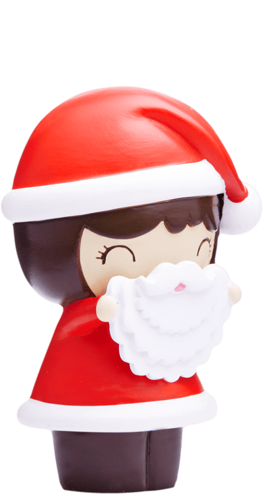 Secret Santa Momiji doll: child character in a red Santa outfit, holding a fluffy white beard, festive and kawaii. — Momiji Doll