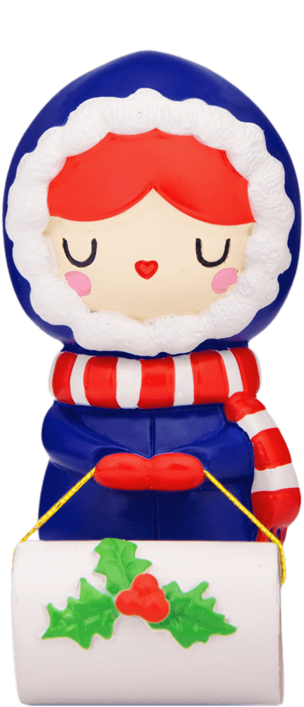 Pipaluk Momiji doll in a blue winter coat and hood, holding a holly sign—kawaii collectible with secret message inside. — Momiji Doll