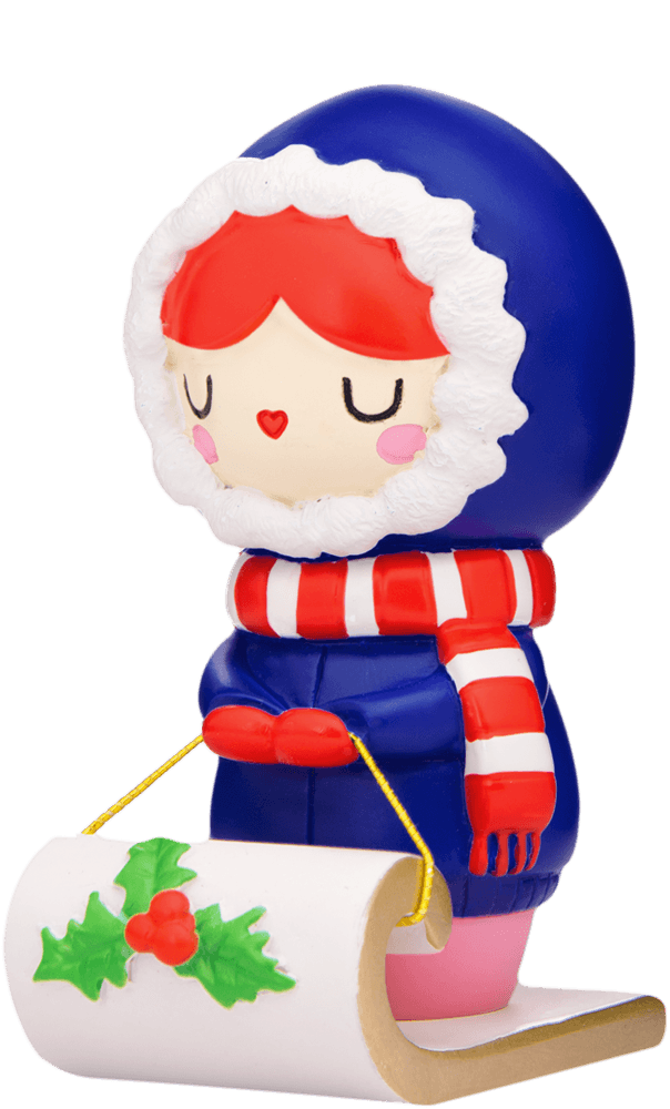 Pipaluk Momiji doll in a blue hooded coat and red scarf, holding a holly and berry scroll. Kawaii collectible character. — Momiji Doll