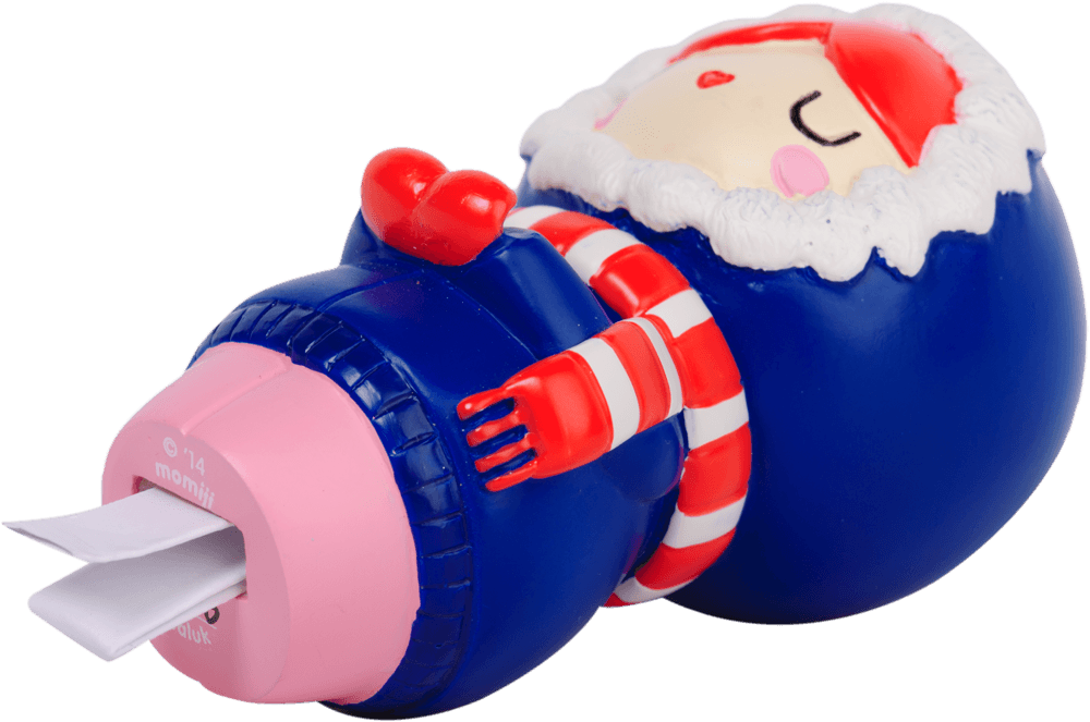 Momiji doll Pipaluk with red hair and blue outfit lies on its back, secret paper slips peeking from its pink base. — Momiji Doll