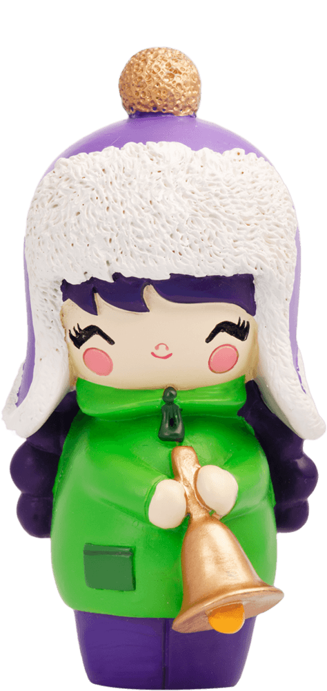 Winter Wonderland Momiji doll in green coat, purple hat with gold bell, rosy cheeks; collectible with hidden message inside. — Momiji Doll