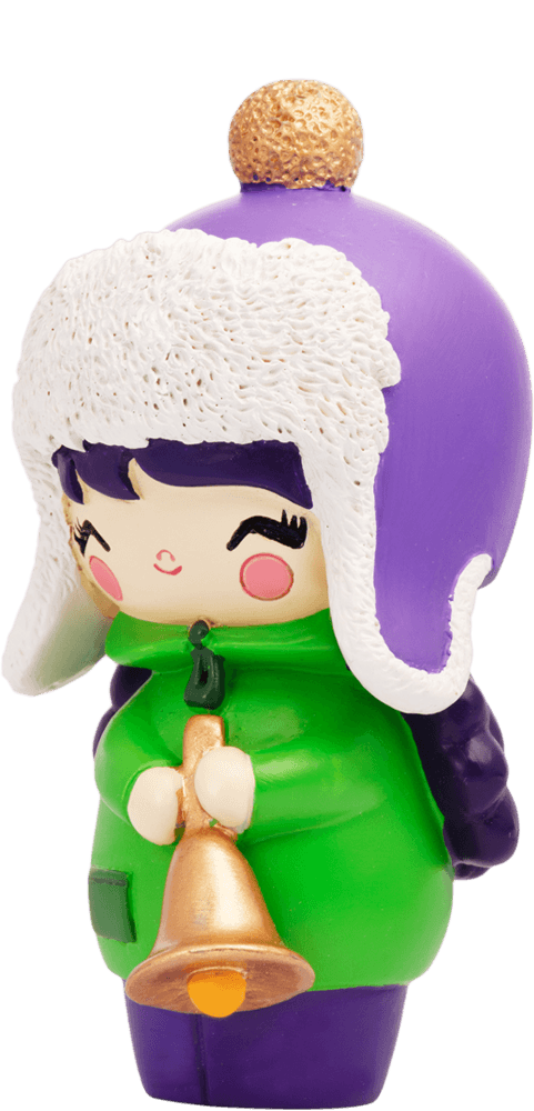 Winter Wonderland Momiji doll in green coat, purple hat with white trim, holding a gold bell and smiling. — Momiji Doll