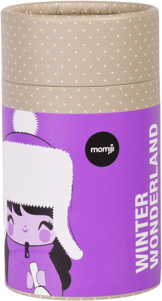 A kawaii purple Momiji doll box labeled Winter Wonderland, featuring a Momiji doll in a white winter hat on the front. — Momiji Doll