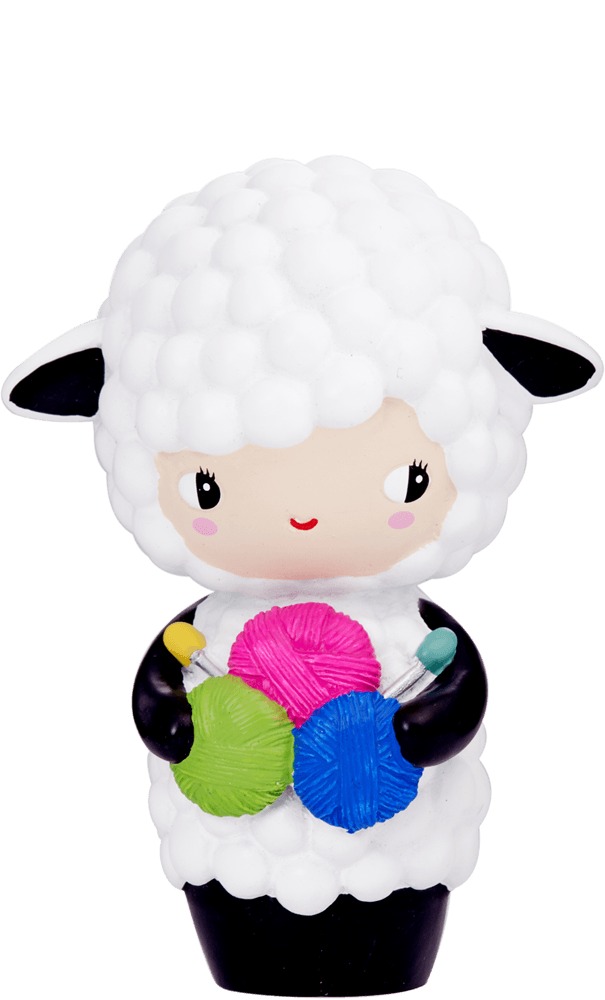 Eunice Momiji doll smiles sweetly, holding colorful yarn balls and knitting needles, with a cute sheep theme and cheerful details. — Momiji Doll