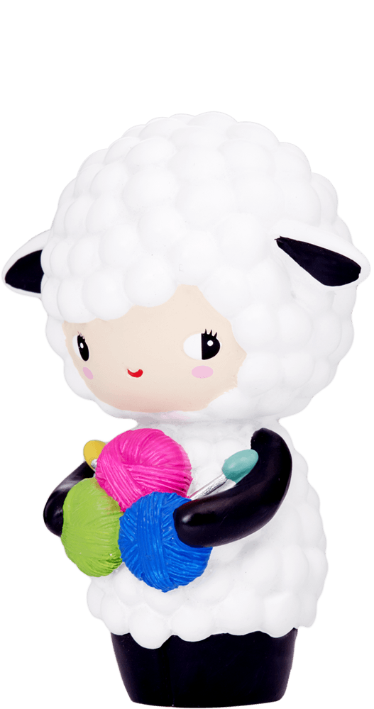Eunice Momiji doll dressed as a sheep, holding colorful yarn balls and knitting needles, rosy cheeks, sweet smile. — Momiji Doll