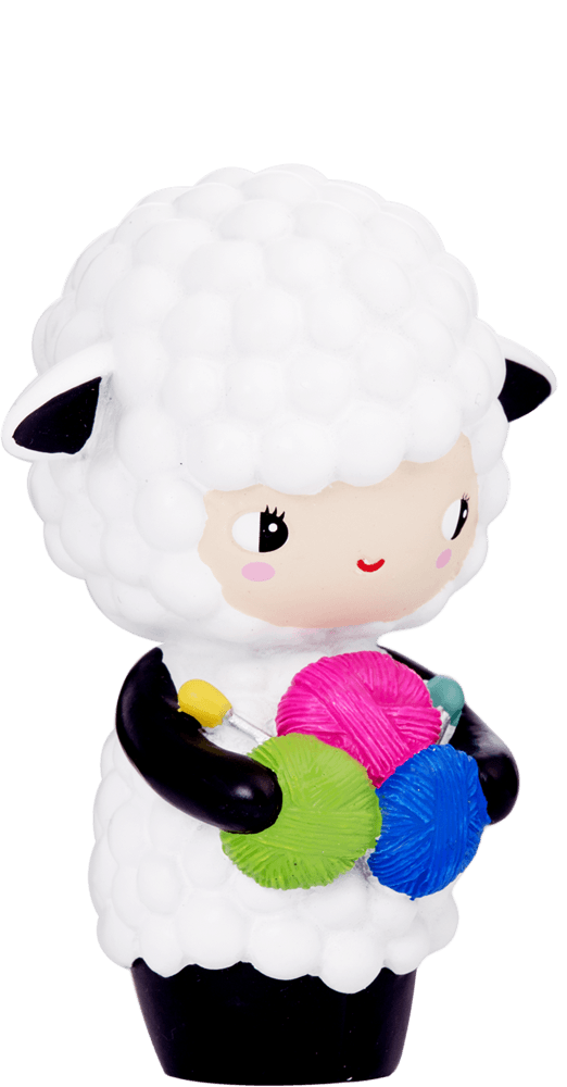 Eunice Momiji doll in a fluffy white sheep suit, holding colorful yarn balls and smiling with a sweet, cheerful expression. — Momiji Doll