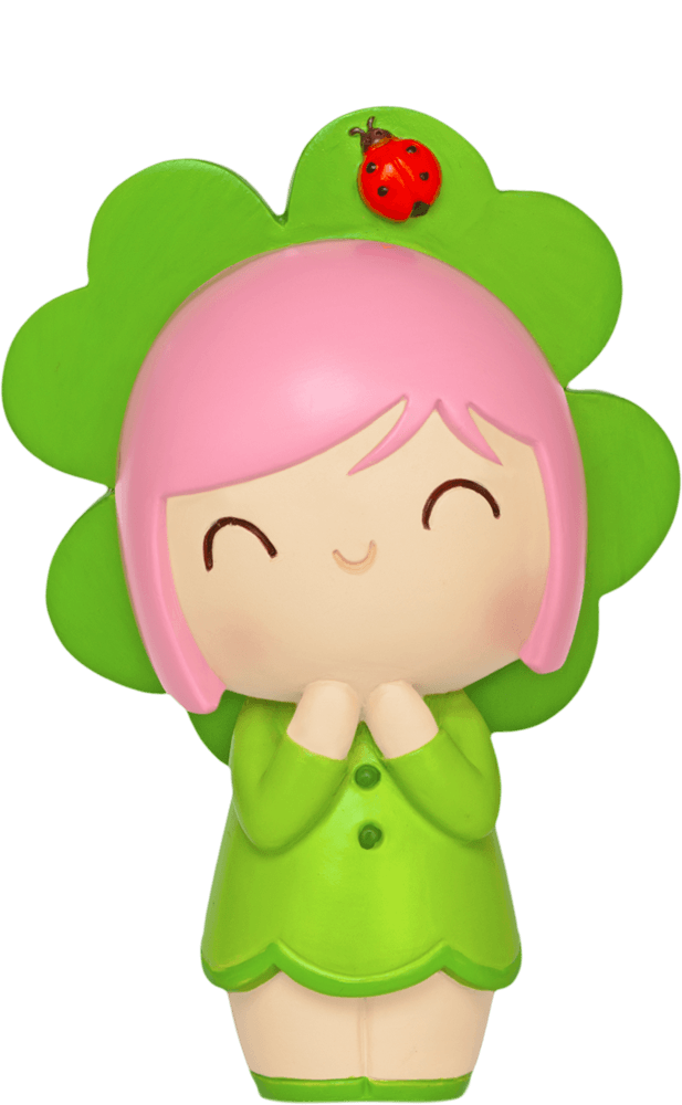 Lucky Momiji doll with pink hair, green clover hat, green dress, and red ladybug detail. Collectible character doll. — Momiji Doll
