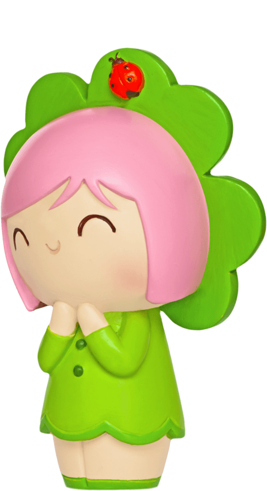 Lucky Momiji doll with pink hair, a green outfit, clover hat, and a red ladybug on top; cute collectible character. — Momiji Doll