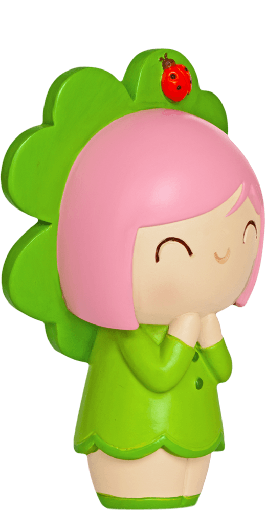 Momiji doll with pink hair, green dress, clover hat, ladybug detail, and a sweet smile with closed eyes. — Momiji Doll