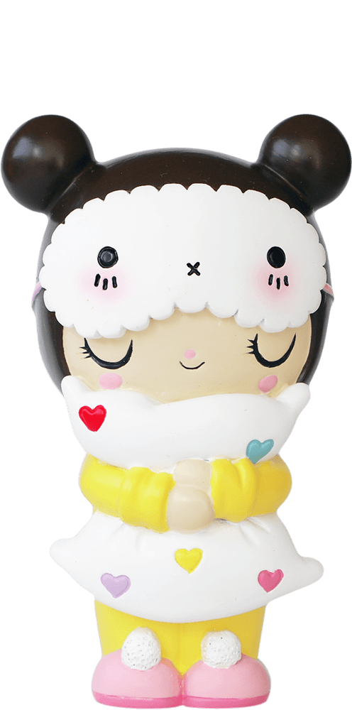 Dreaming hn Momiji doll with bear ears, yellow pajamas, and a pink heart pillow—collectible, secret message hidden inside. — Momiji Doll