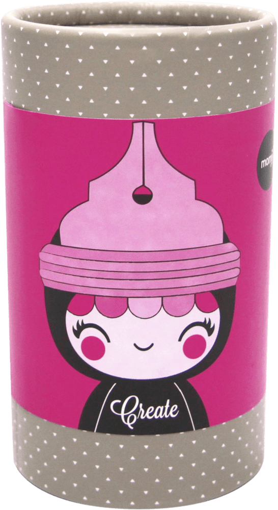 The "Create" Momiji doll features a cute girl on a cylinder with pink, gray, and polka dot details. Inspired by Tokyo-Seoul styles. — Momiji Doll