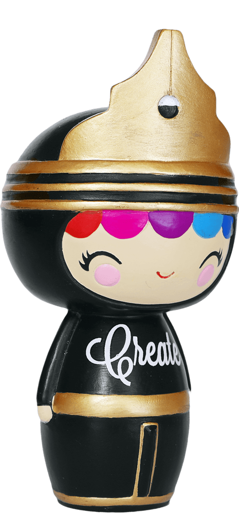 Create Momiji doll: black and gold, wears a gold crown, has colorful bangs, and "Create" on her chest. Collectible, kawaii design. — Momiji Doll