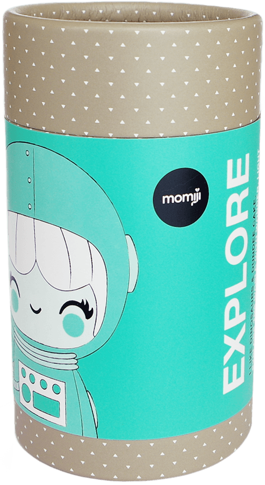 Cylindrical box with kawaii Momiji doll astronaut character, teal "Explore" label, and Momiji doll logo. — Momiji Doll