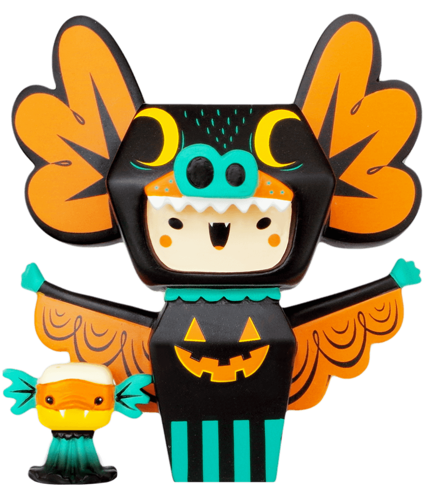 Momiji dolls Hermees & Tiny Trickster: two Halloween-themed dolls, one with a jack-o’-lantern design; colorful collectible figures. — Momiji Doll