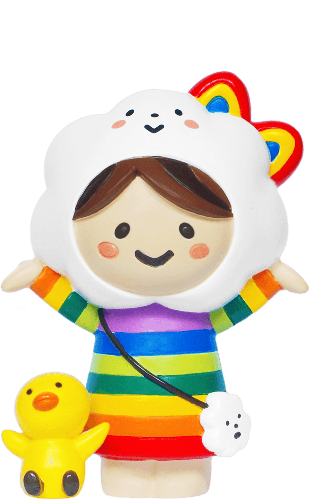 Miss Rainbow & Chicky Momiji doll in a rainbow-striped dress, cloud hood, holding a small yellow duck toy. — Momiji Doll