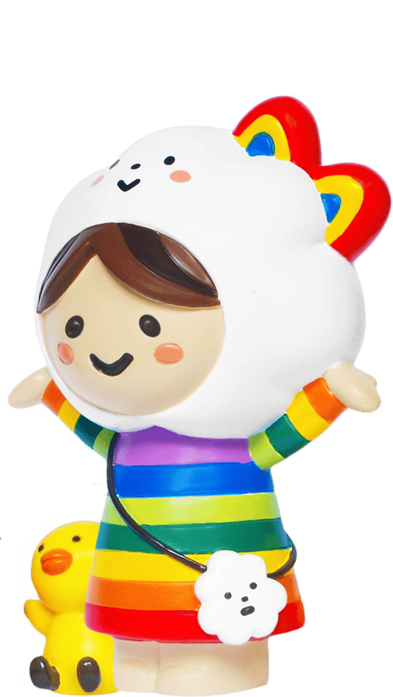 Miss Rainbow & Chicky Momiji doll in a rainbow dress with animal hood, holding a yellow duck companion; kawaii collectible style. — Momiji Doll
