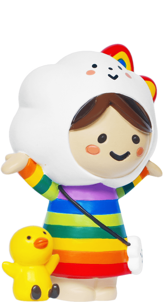 Miss Rainbow Momiji doll with Chicky, both smiling; rainbow-striped dress and a fluffy cloud hat. — Momiji Doll