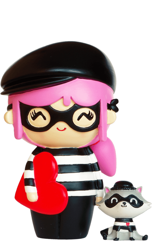 Boo & Burt Momiji doll: Pink-haired, masked figure with cat, holding a red heart; collectible vinyl doll with hidden message. — Momiji Doll