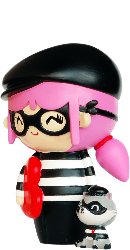 Boo & Burt Momiji doll: pink-haired figure in a mask with red heart, standing beside a matching masked cat. — Momiji Doll