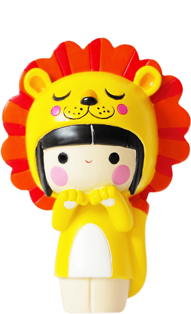 BFF Liona Momiji doll wears a yellow and orange lion costume with a sweet smile; designed in kawaii street style. — Momiji Doll