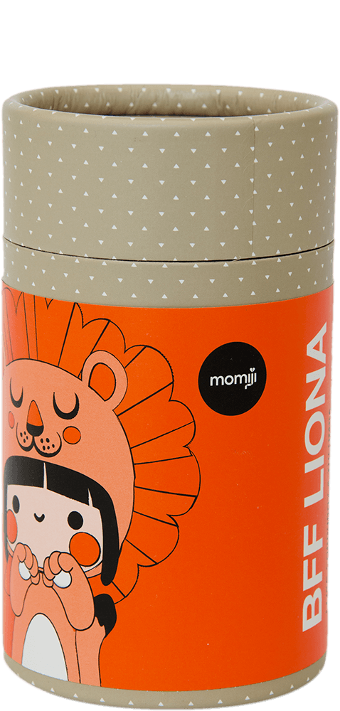 Cylindrical box featuring Momiji doll character BFF Liona—a kawaii girl in a lion costume; collectible with hidden message. — Momiji Doll