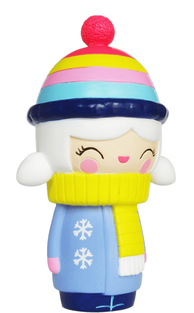 Winter Wonderland Momiji doll with white hair, colorful hat, yellow scarf, blue snowflake coat, and a big smile. — Momiji Doll