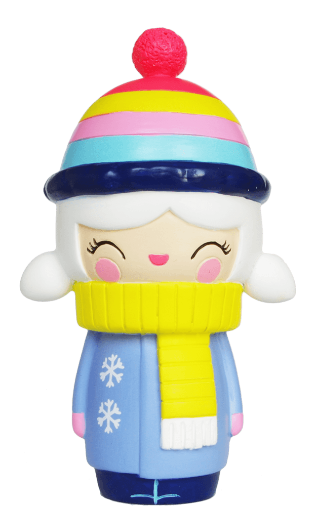 Winter Wonderland Momiji doll with a striped winter hat, yellow scarf, blue coat, white hair; secret message inside. — Momiji Doll