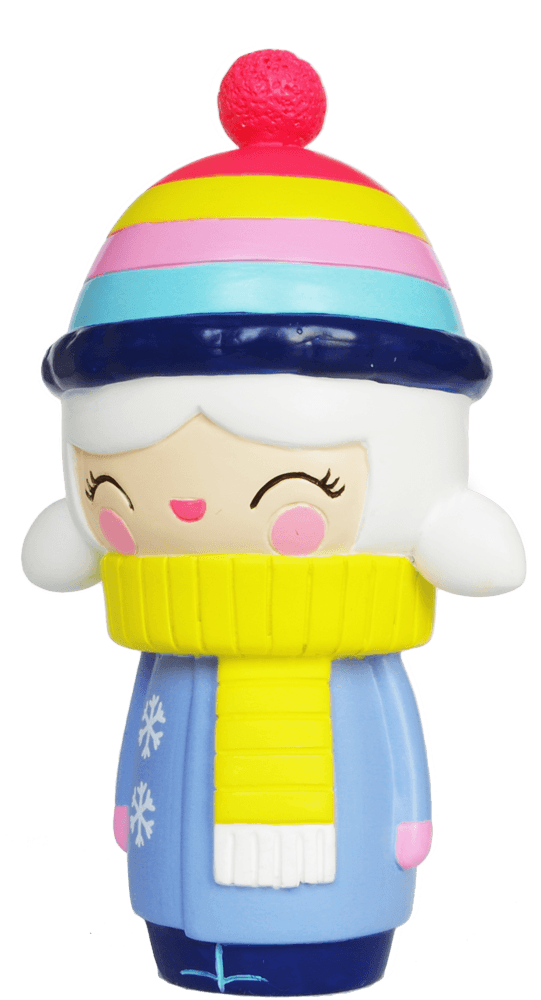 Winter Wonderland Momiji doll with a colorful hat, blue snowflake coat, yellow scarf, and a sweet smiling face. — Momiji Doll