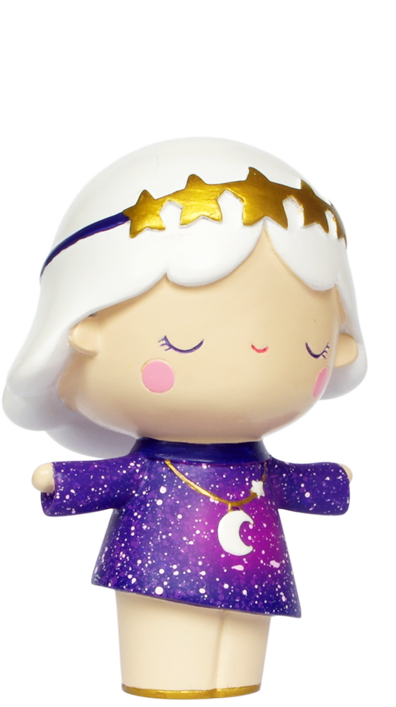 Galaxy Girl Momiji doll with white hair, star headband, purple starry dress, and crescent moon necklace. — Momiji Doll