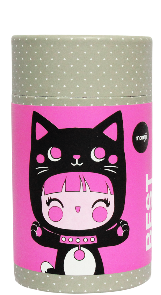 Momiji doll "Best Friends": cylindrical container with a girl in a black cat costume, gray dotted lid, collectible kawaii design. — Momiji Doll